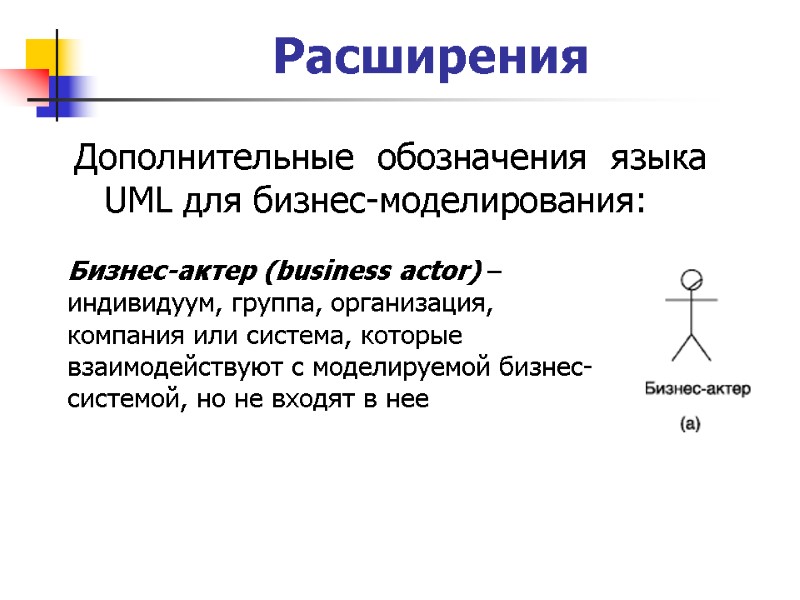 Расширения Дополнительные обозначения языка UML для бизнес-моделирования: Бизнес-актер (business actor) – индивидуум, группа, организация,